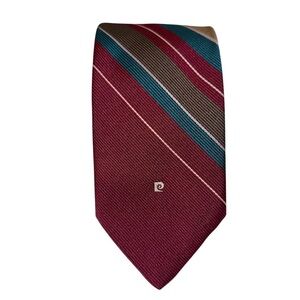 Vintage Pierre Cardin Mens Skinny Logo Tie Made in Italy Maroon Striped 58x2.75”